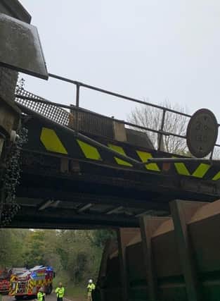The damaged railway bridge at Ketton on the line between Melton Mowbray and Peterborough