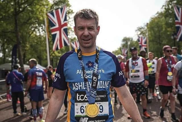 Melton man Ashley Milne pictured with his medal at the end of the London Marathon