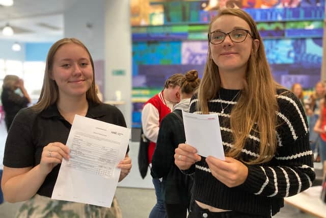 MV16 students celebrate on A-level results day - Sophie Morrell (left) and Scarlett Riley