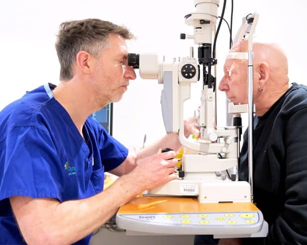 Optegra optometrist Oliver Bowen-Thomas and patient Jim Hayles