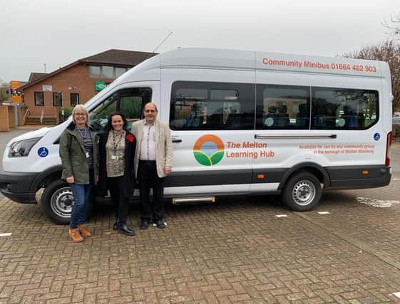 Pictured with the new community minibus for Melton Mowbray - Angie Butcher (community transport manager),  Lucie Larke (deputy manager for The Melton Learning Hub) and volunteer driver Anthony Riley