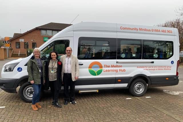Pictured with the new community minibus for Melton Mowbray - Angie Butcher (community transport manager), Lucie Larke (deputy manager for The Melton Learning Hub) and volunteer driver Anthony Riley