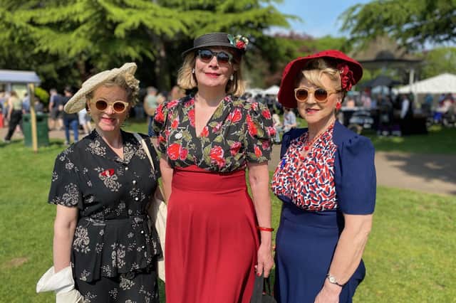 Three women dressed in period clothes at this year's 1940s Melton Mowbray event