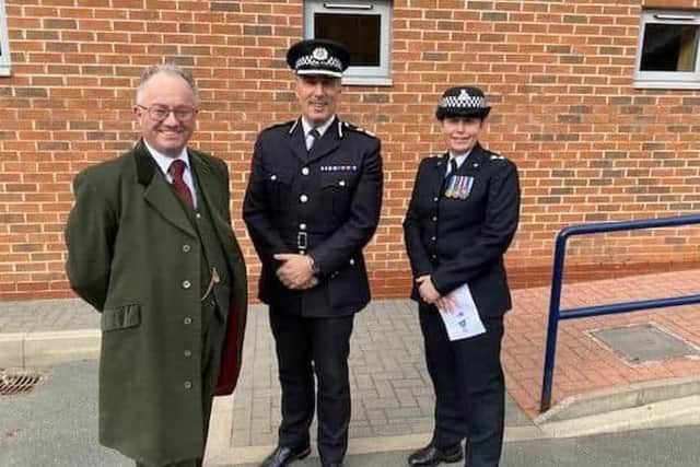 Insp Lindsey Madeley-Harland (right), NPA Commander for Rutland and Melton, with Police and crime commissioner Rupert Matthews and Temporary Leicestershire Chief Constable Rob Nixon