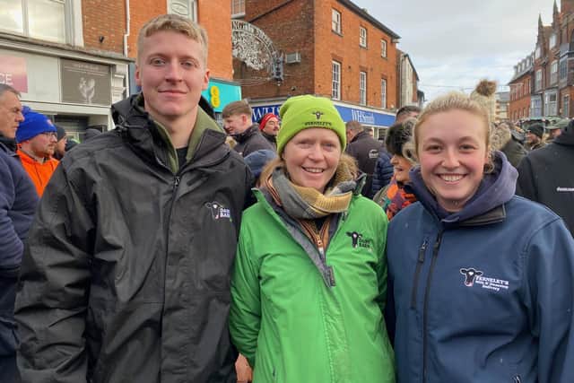 Vanessa Darlington, Ben Darlington and Sam Frost, from Ferneley's Dairy Farm, at Leesthorpe, at today's Melton protest