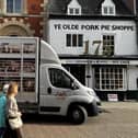 The PETA campaign truck outside the Dickinson and Morris pork pie shop in Melton