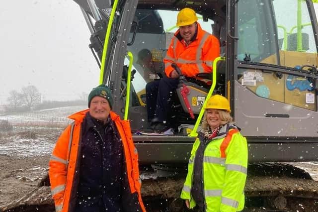 Roads Minister Richard Holden (centre) pictured during his visit to see the start of work on the NEMMDR on Friday with Melton Council leader, Joe Orson, and county council deputy leader, Deborah Taylor