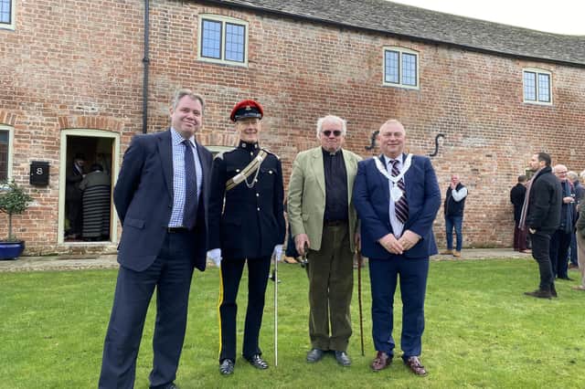 The official opening of Melton's new almshouses, from left, Melton MP Edward Argar, the High Sheriff of Leicestershire John Chatfeild-Roberts, trustee Simon Shouler and Mayor of Melton, Councillor Tim Webster