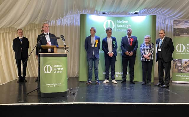Some of the Melton & Syston candidates pictured on stage during the General Election result announcement early this morning (Friday), from left, Andy Konieczko (Lib Dem), Alastair McQuillan (Green), Zafran Khan (Lab), Marilyn Gordon (Ind) and Pete Morris (Reform UK)