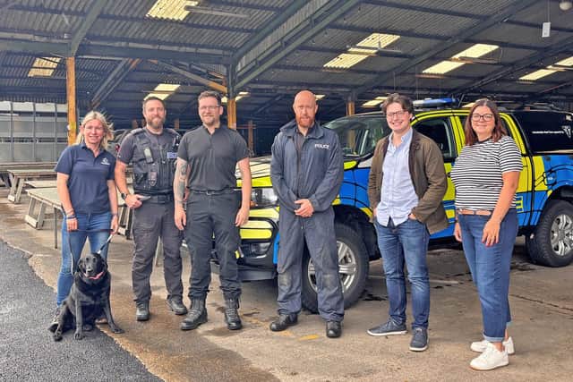 From left: Sarah Procter with Freya, PC Stuart Venables, PC Matthew Houghton, SGT Rob Cross, Deputy PCC Oliver Bryan and Leanne Parker at a trailer tagging session