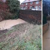The swollen Thorpe Brook on Saxby Road in the town (left) and the rising river level under the bridge on Leicester Road, Melton