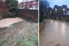 The swollen Thorpe Brook on Saxby Road in the town (left) and the rising river level under the bridge on Leicester Road, Melton