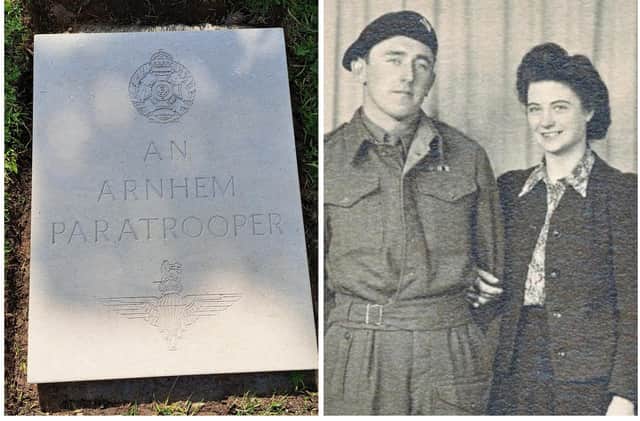 Victor Gregg pictured in 1945 with his first wife Freda and (left) the Marker Stone installed where he is buried at Burrough on the Hill