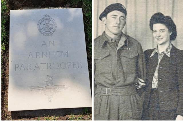 Victor Gregg pictured in 1945 with his first wife Freda and (left) the Marker Stone installed where he is buried at Burrough on the Hill