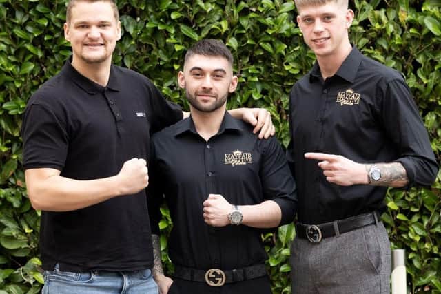 Tom Lowe (centre) and Kyle Huckerby pictured with multi-millionaire property developer Samuel Leeds.