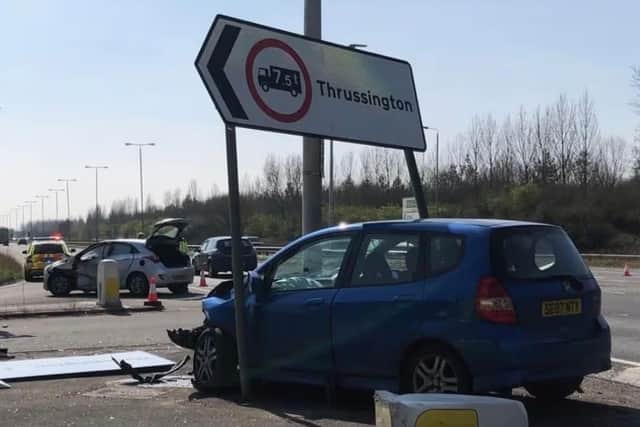 The aftermath of a collision at the A46 crossroads which involved Seagrave parish councillor Paul Simpson's wife several years ago