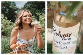 Georgia Jones pictured picking elderflowers at Belvoir Farm and (right) a bottle of the firm's Elderflower Cordial