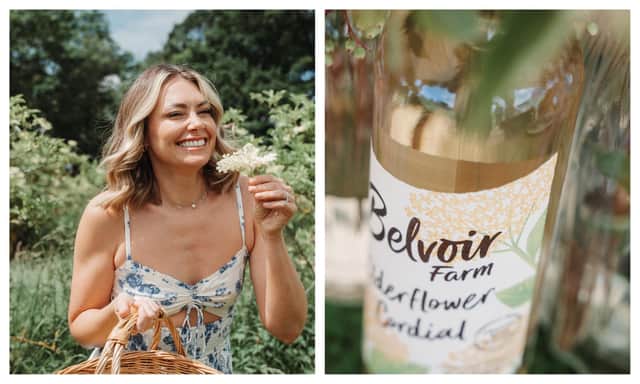 Georgia Jones pictured picking elderflowers at Belvoir Farm and (right) a bottle of the firm's Elderflower Cordial