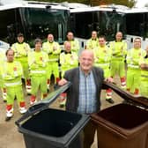 Melton Borough Council leader Joe Orson pictured with bin collection teams employed by contractor, Biffa
