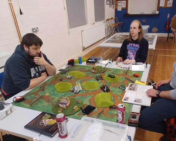 Melton wargamers enjoying a club meeting at Wymondham village hall