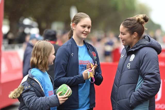 Maisie and Chloe - Claire and Dan's daughters - meeting England rugby hero Jess Breach at the Great South Run