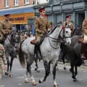 Mounted soldiers from the town's Defence Animal Training Regiment pictured on Sherrard Street in the Melton Mowbray Remembrance Sunday parade 2024