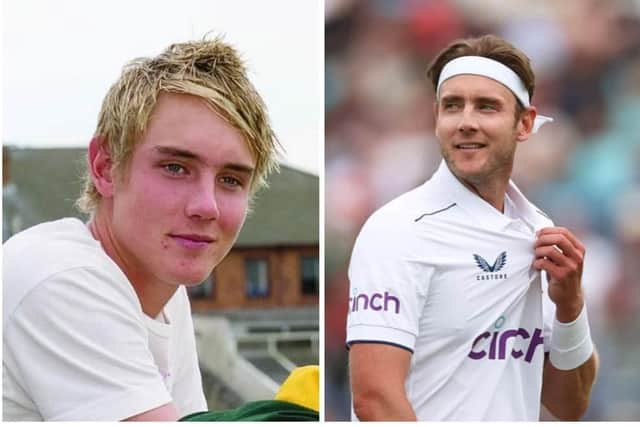 Stuart Broad, who has been awarded a CBE for services to cricket, pictured as a young player (left) and on the field for England (GETTY IMAGES)