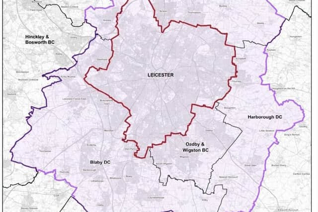 A map showing the current Leicester city boundary (red) and the approved expansion (purple line)