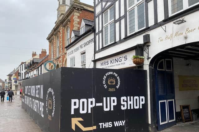 The boarded up Ye Olde Pork Pie Shoppe frontage while renovations have been carried out