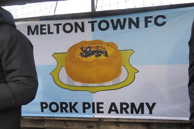 A Melton Town supporter's flag at the match against Grantham Town