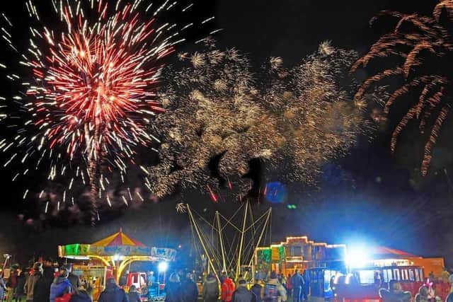 Fireworks light up the sky above Play Close at a previous bonfire and Halloween event