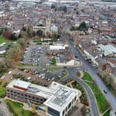 An aerial image of Melton Mowbray showing the borough council offices and St Mary's Church