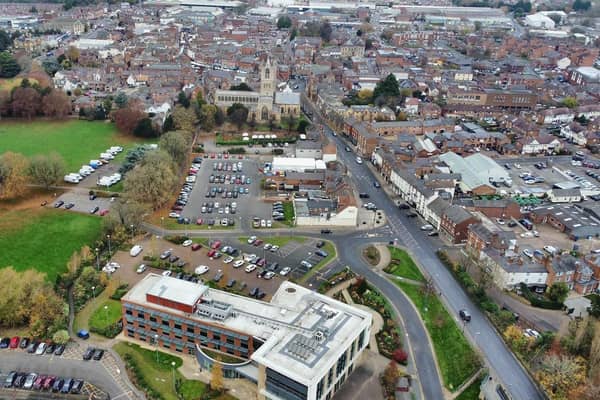 An aerial image of Melton Mowbray showing the borough council offices and St Mary's Church