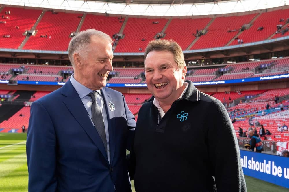 Steve Freer (right) pictured during his meeting with England 1966 legend Geoff Hurst at Wembley Stadium in 2022