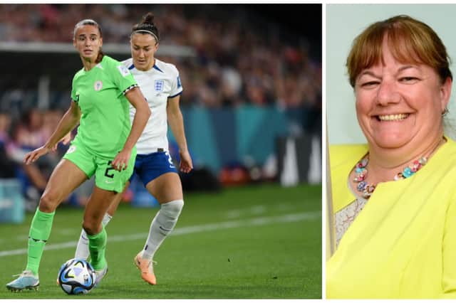 Ashleigh Plumptre (green shirt) is challenged by England's Lucy Bronze during Monday's dramatic World Cup clash (photo Getty Images) and Sharon Reason, who founded the Asfordby club where Ashleigh started playing at