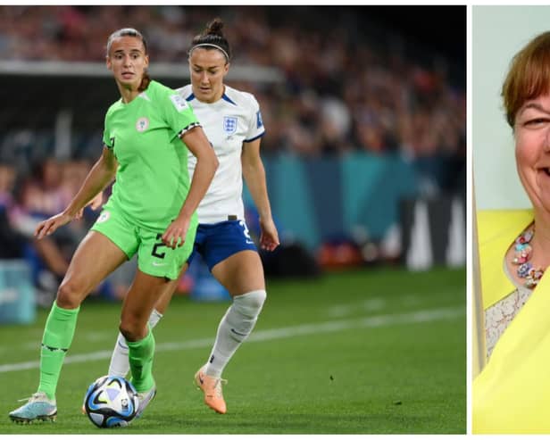 Ashleigh Plumptre (green shirt) is challenged by England's Lucy Bronze during Monday's dramatic World Cup clash (photo Getty Images) and Sharon Reason, who founded the Asfordby club where Ashleigh started playing at