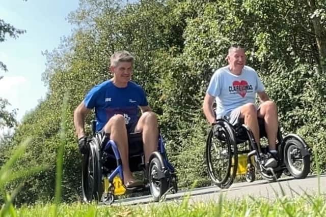 Dan Pincer, widower of Claire Lomas, and Stuart Hall, in training for their latest fundraising challenge in memory of Claire
