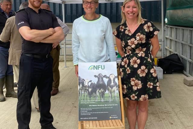 Melton NFU chair, Saya Harvey (centre), with Pc Rob Cross and Sarah Procter, senior group secretary for Melton NFU Mutual, pictured at the rural crime event at Somerby