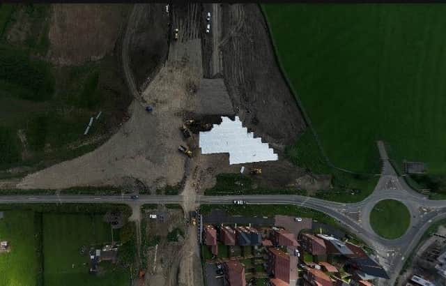An aerial image of the construction of roundabout 2 on Scalford Road for the NEMMDR scheme in Melton