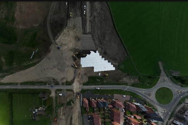 An aerial image of the construction of roundabout 2 on Scalford Road for the NEMMDR scheme in Melton