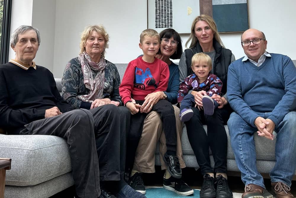 From left: Vasil and Nina Mazur (grandad and grandma), Danil (four), Julia Gregory,  Maxym (18 months), Nataliia (mum) and Bob Gregory
