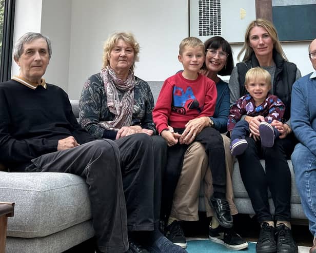 From left: Vasil and Nina Mazur (grandad and grandma), Danil (four), Julia Gregory,  Maxym (18 months), Nataliia (mum) and Bob Gregory