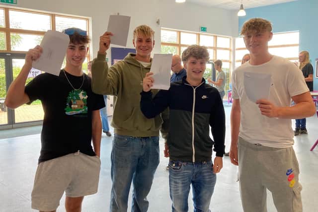 From left, Tom Ablewhite, Luke Thompson, Joe Spence-Arnold and Lee O'Riley got their A-results at MV16 this morning