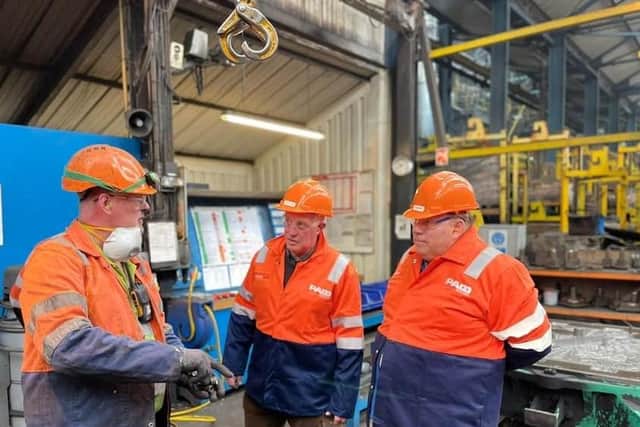 Mayor of Melton, Councillor Peter Faulkner (right), with Deputy Mayor, Councillor Alan Hewson (centre) pictured during their visit to Holwell Works in May 2022