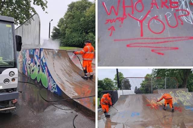 The clean-up operation after graffiti attacks at Melton Mowbray's skatepark