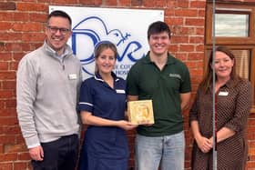 Representatives of Dove Cottage Day Hospice and Brockleby's celebrate their special link-up