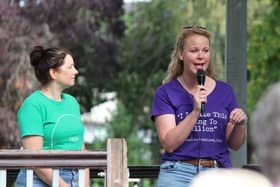 Anna Foster (with microphone) and Helen Cliff leading a rally last year fighting for key services at Melton's St Mary's Birth Centre