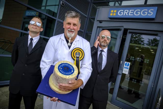 Clawson Farms’ master cheesemaker, Richard Mayfield, delivers award-winning Stilton to Greggs HQ in Newcastle to encourage them to bring back their legendary steak and cheese roll IMAGE: Jason Bye