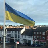The Ukraine flag flies at the Melton Council offices this morning