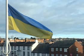 The Ukraine flag flies at the Melton Council offices this morning